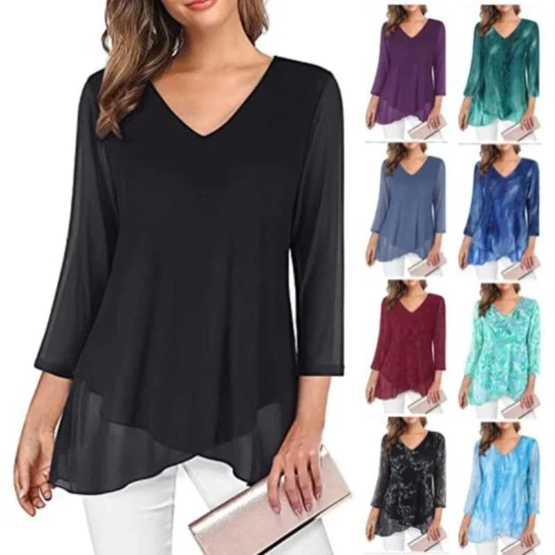 Spring Autumn Women's Pullover Top V Neck Solid Colour Printed Slim Femme Eleganct Seven Sleeve Hem Asymmetric T-Shirt Commute
