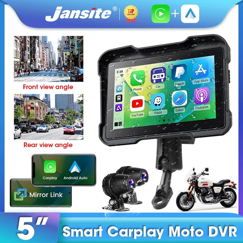 Jansite 5" Carplay For Motorcycle DVR IPS Screen Registrar Android auto Dual Moto 1080P Rear Cameras Recorder Dash cam Bluetooth