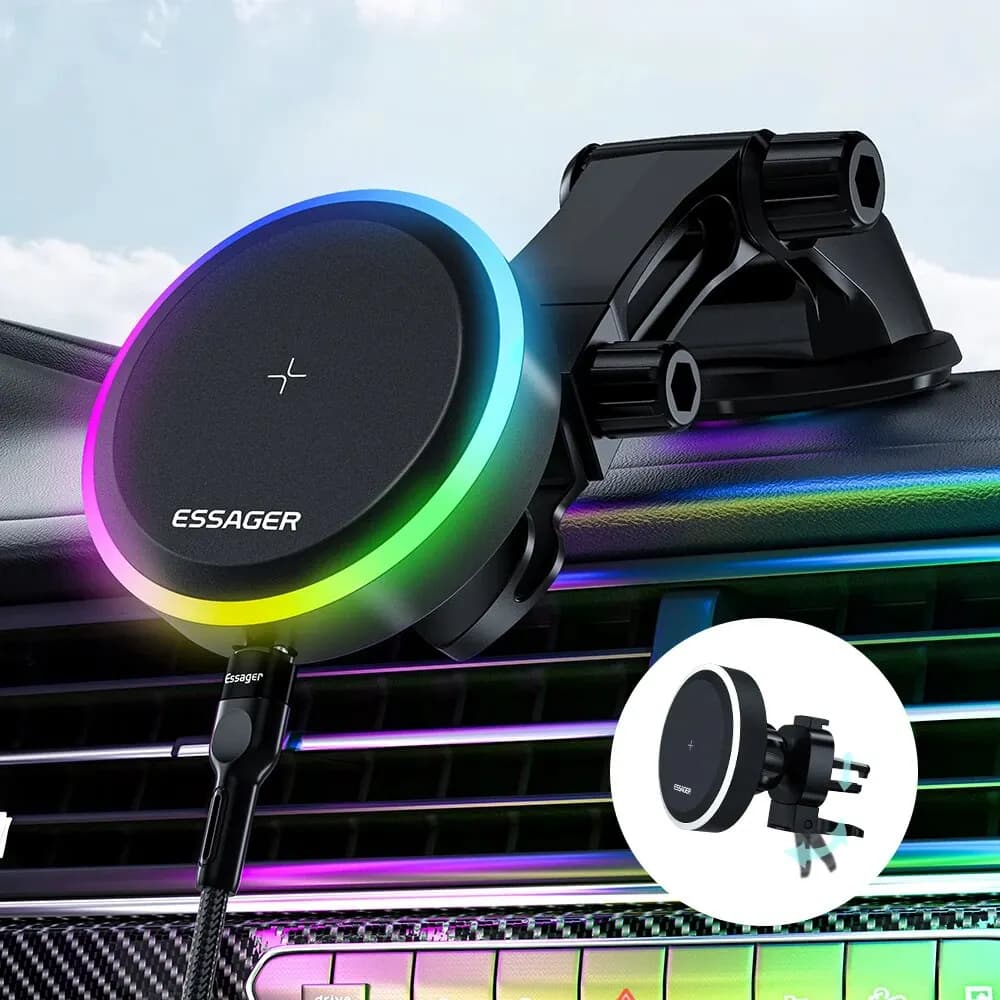 Essager RGB Magnetic Car Phone Holder Qi 15W Wireless Charger Car For iPhone 14 13 Pro Max Samsung Phone Holder Stand
