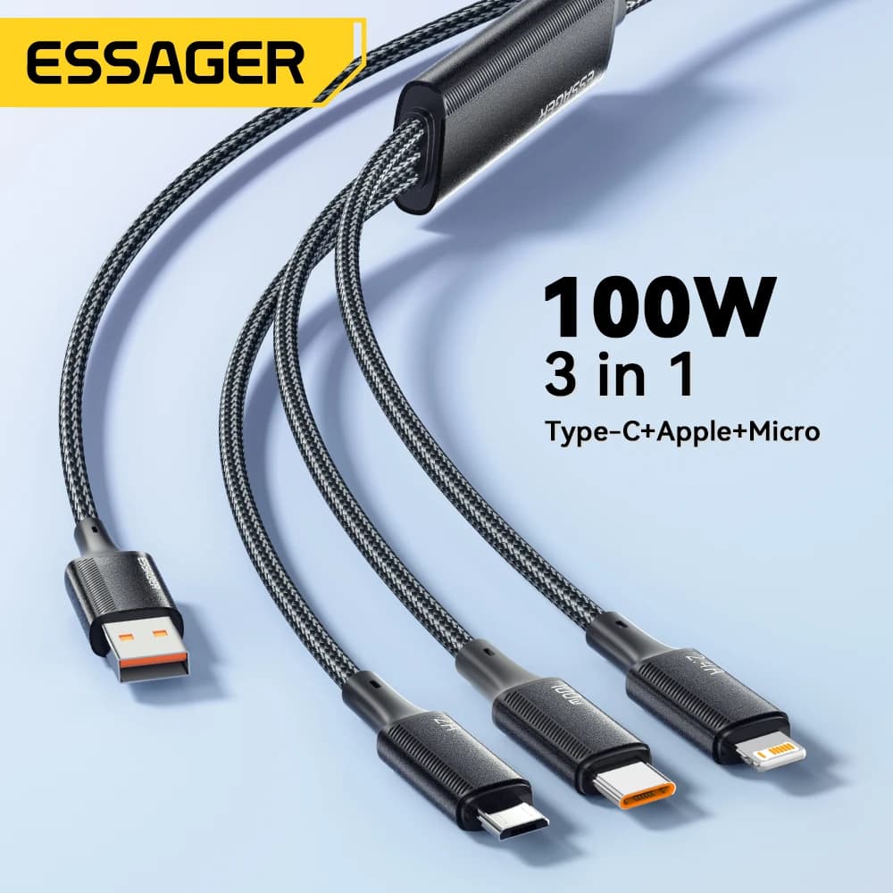 Essager 100W Cable USB C to Type C to Lighting PD Fast Charger Data 3 in 1 Quick Charging Cord For Macbook iPhone Samsung Xiaomi