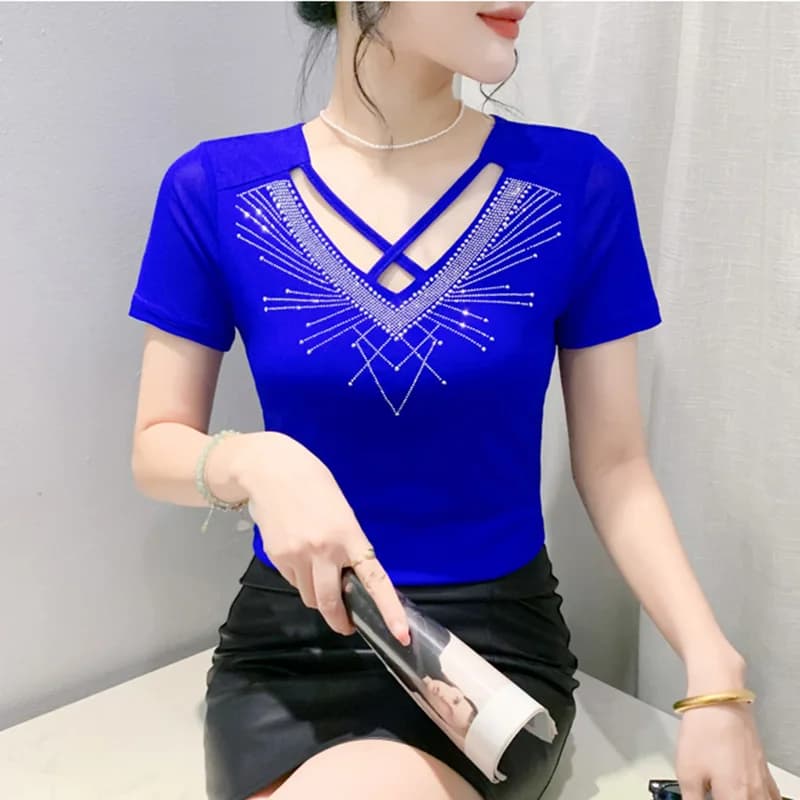 M-3XL 2024 Summer New Short Sleeved Mesh T-Shirt Fashion Cross Hollow Hot Diamond Women's Tops Blusas