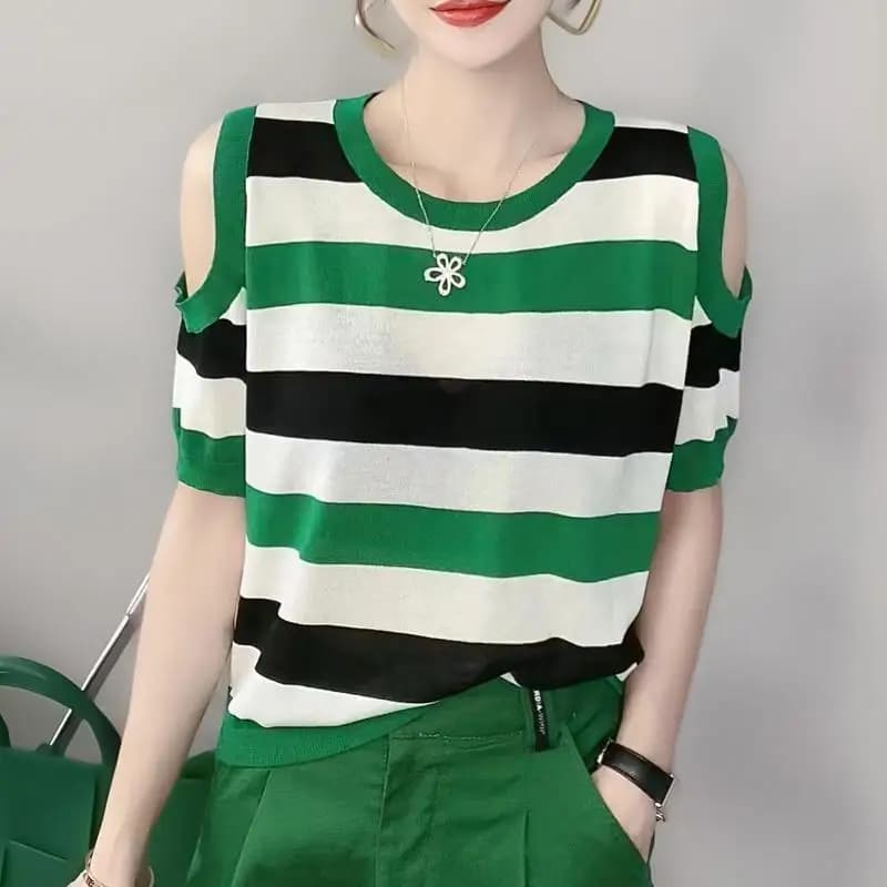Fashion O-Neck Knitted Hollow Out Striped T-Shirts Women's Clothing 2024 Summer New Loose All-match Tops Commuter Tee Shirts