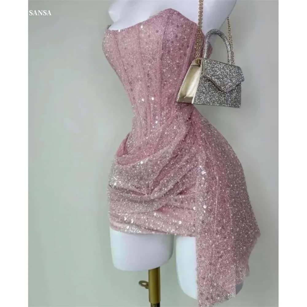 Sansa Customized Shiny Sequins Strapless Mini Prom Dresses Zip Pink Beaded فساتين سهرة Pleats Sleeveless Colum Party Dresses