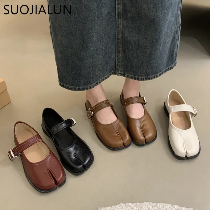 SUOJIALUN Autumn Women Flat Shoes Fashion Split Toe Flat Heel Laofer Shoes Shallow Soft Leather Casual Outdoor Mary Jane Shoes
