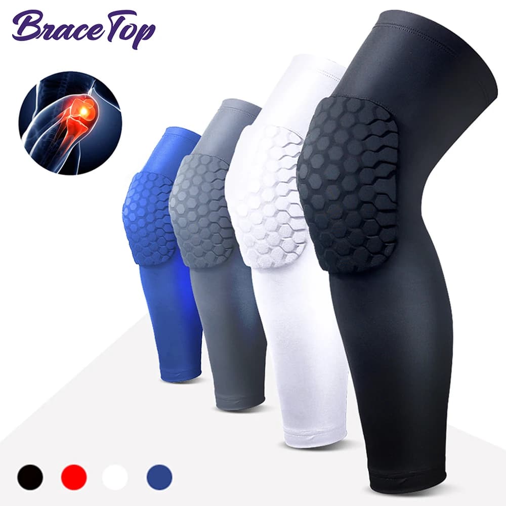BraceTop 1 PC Honeycomb Basketball Knee Pads Long Design Gym Compression Leg Sleeves Kneepad Volleyball Protector Brace Support