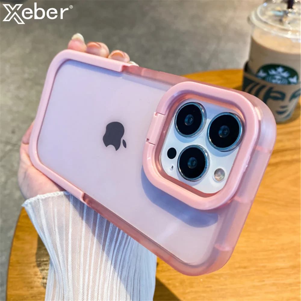 Invisible Folding Holder Camera Lens Stand Transparent Phone Case For iPhone 16 15 11 12 13 14 Pro Max Soft Candy Color Cover