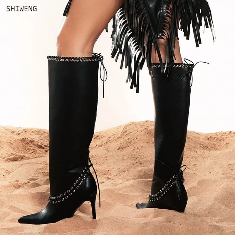 Shoes for Women Black Middle Heel Footwear Winter Knee High Shaft Long Ladies Boots with Laces Lace-up on Promotion New Rock Pu