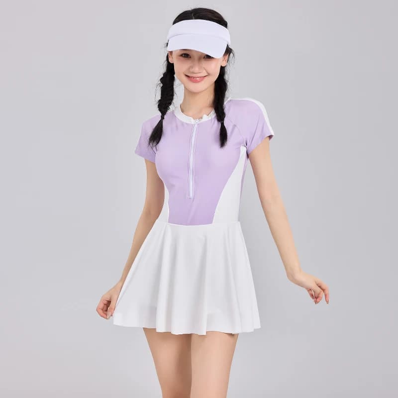 2024 Girls Swimwear Swimdress 1 Piece Short Sleeve Big Middle Girl Swimsuit Pool Teenager Tankinis Set Beachwear Swim Skirt