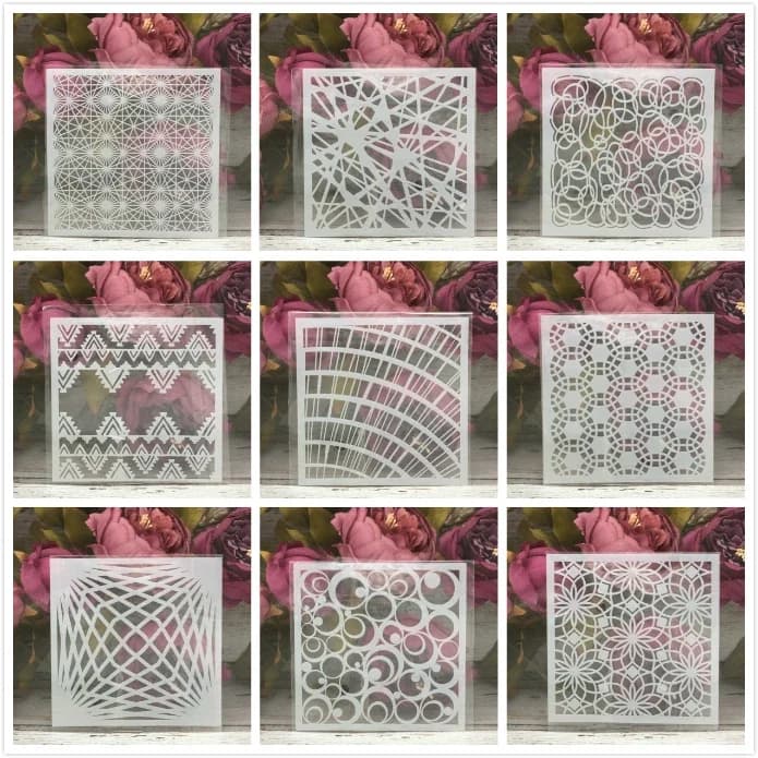 9Pcs/Set 5" Line Grid Geometry DIY Layering Stencils Painting Scrapbook Coloring Embossing Album Decorative Card Template