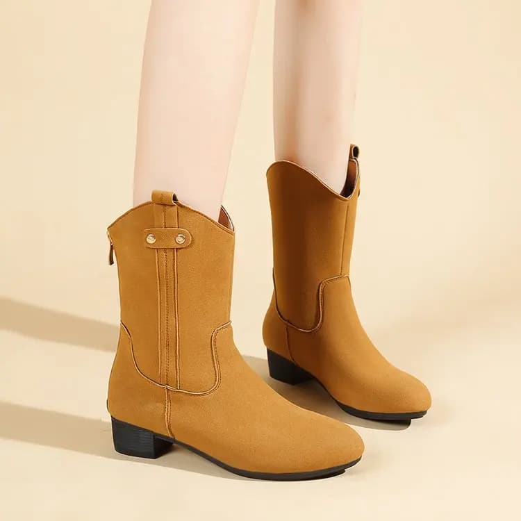 2024 New Mid-calf Boots Women's Suede Top Zipper Western Boots Autumn/Winter Half Boot Women's Shoes