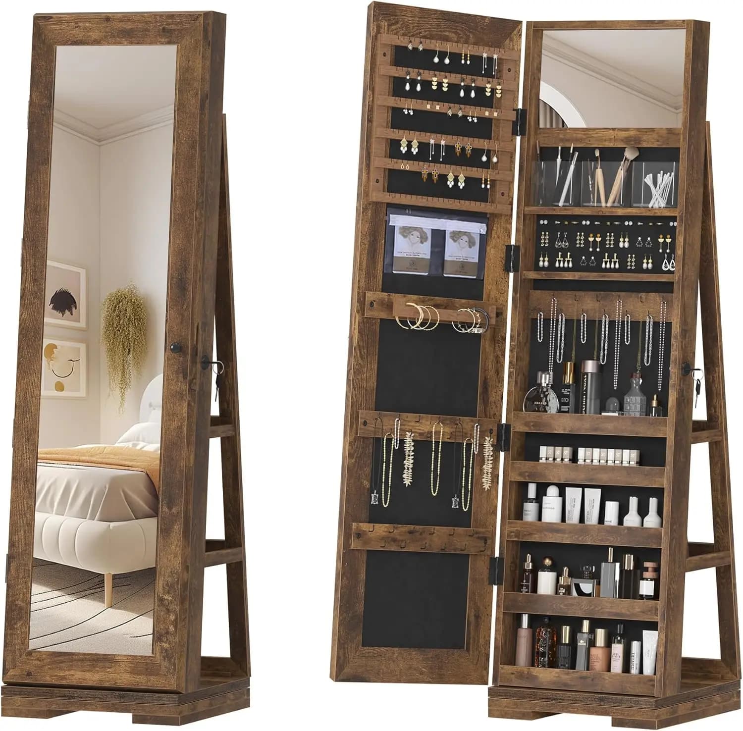 360° Swivel Jewelry Mirror Cabinet with Back Storage Shelves, Full Length Mirror with Jewelry Storage, Standing Rotating J