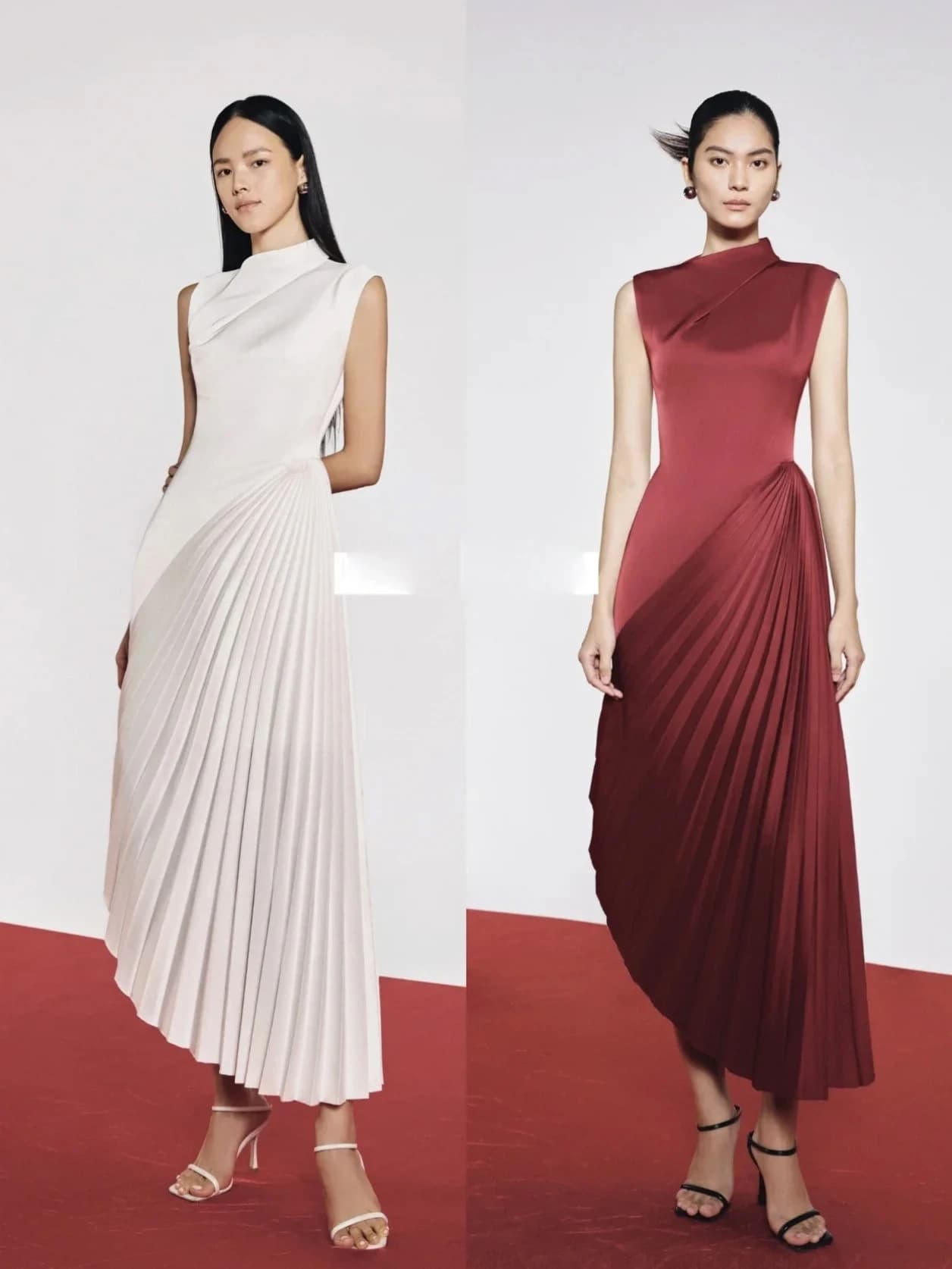 Elegant semi high neck asymmetrical pressure pleated slim unique solid color formal occasion dress