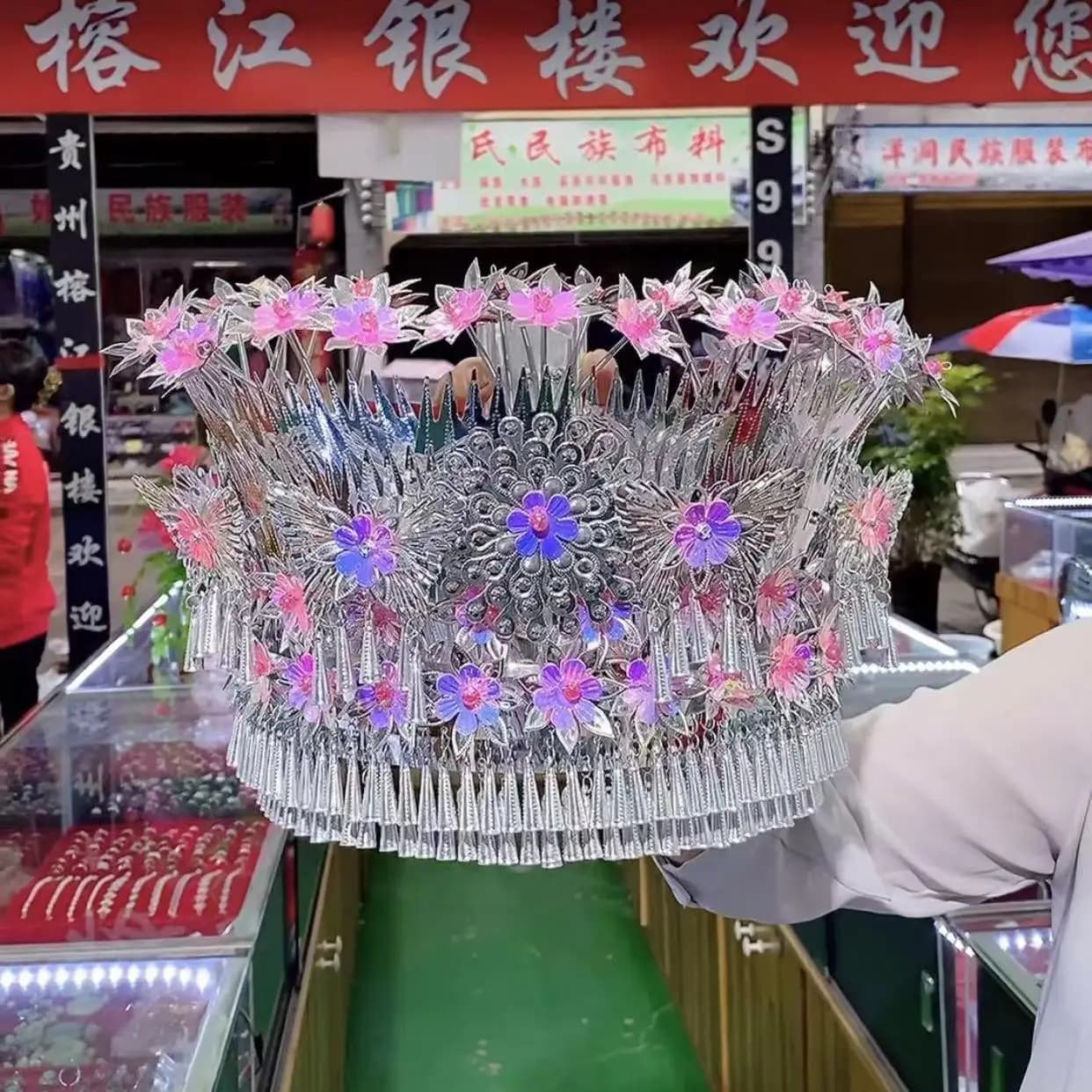 Miao People Hat For Women Festival Headwear Pink Rose Purple Miao Silver Hat For Sale Stage Performance Dancer Accessories