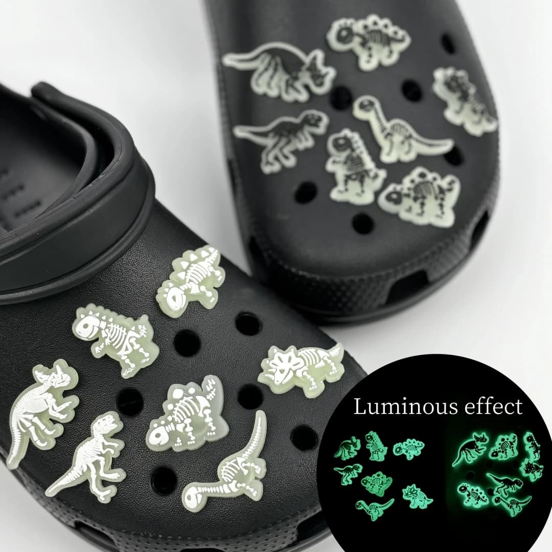 14pcs Luminous Dinosaur Skeleton Pattern Shoe Charms For Hole Shoes And Wristband