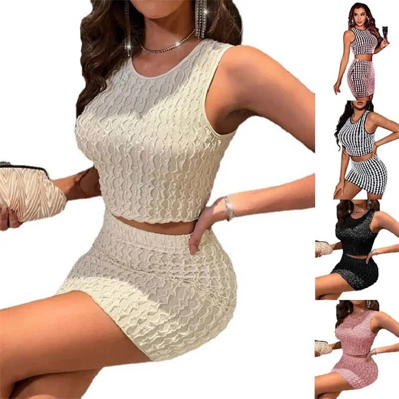 2025 Womens New Summer Sexy Round Neck Slim Small Undershirt High-waisted Package Hip Tight Skirt Suit Evening Party Fashion Set