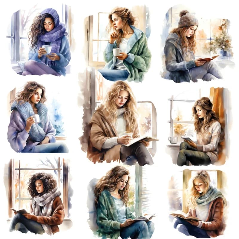 Comfortable Windows for Girls Reading Books and Drinking Coffee Paper Stickers - DIY Planner Decoration Material,Scrapbooking