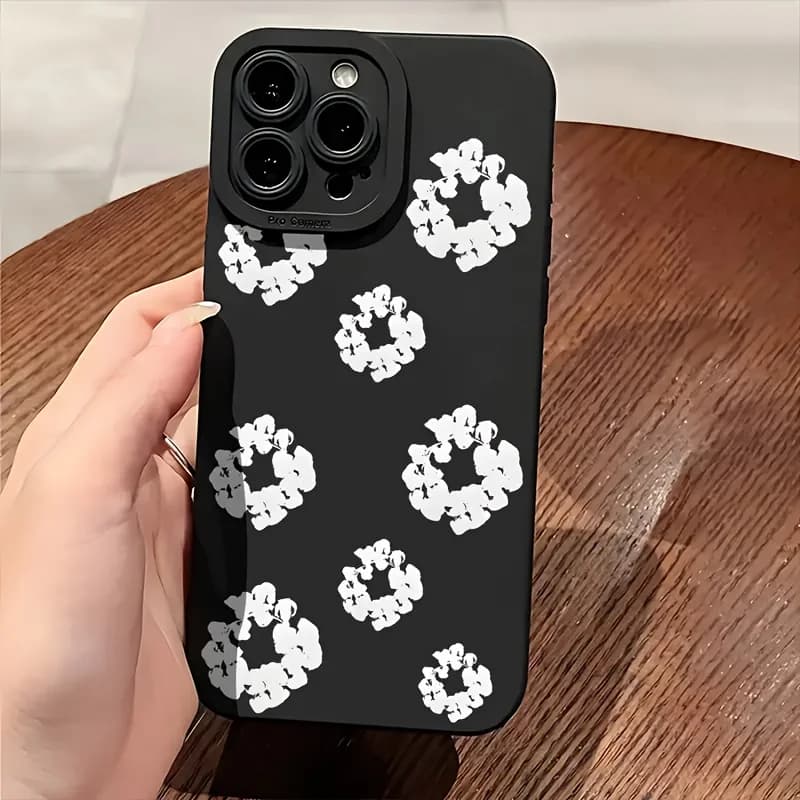 Case For iPhone 16 Cases iPhone 15 11 12 13 14 Pro Max X XS XR 7 8 16E 15 Plus Black Stylish Flower Patterned Design Phone Cover