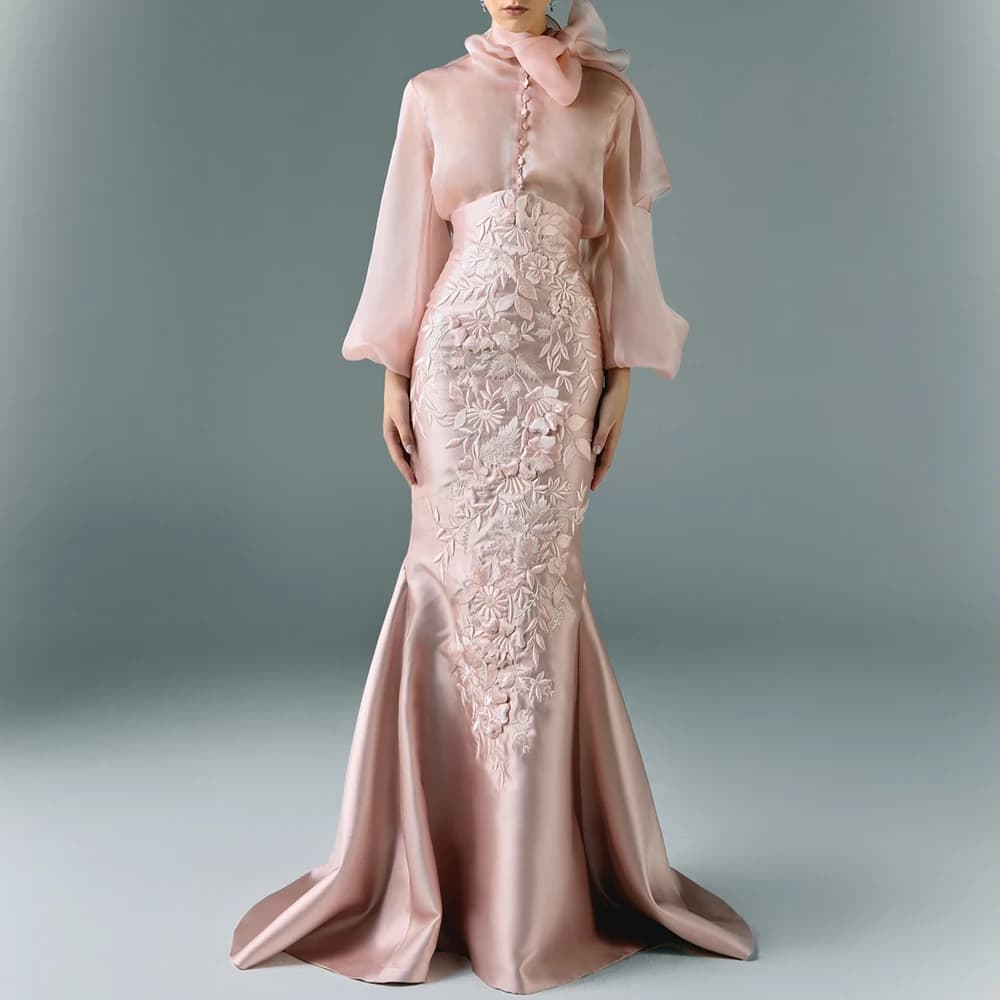 Customized Delicate Mermaid Embroidery Bow Off The Shoulder Satin Evening Dress Fashion High Neckline 3/4 Sleeves Cock