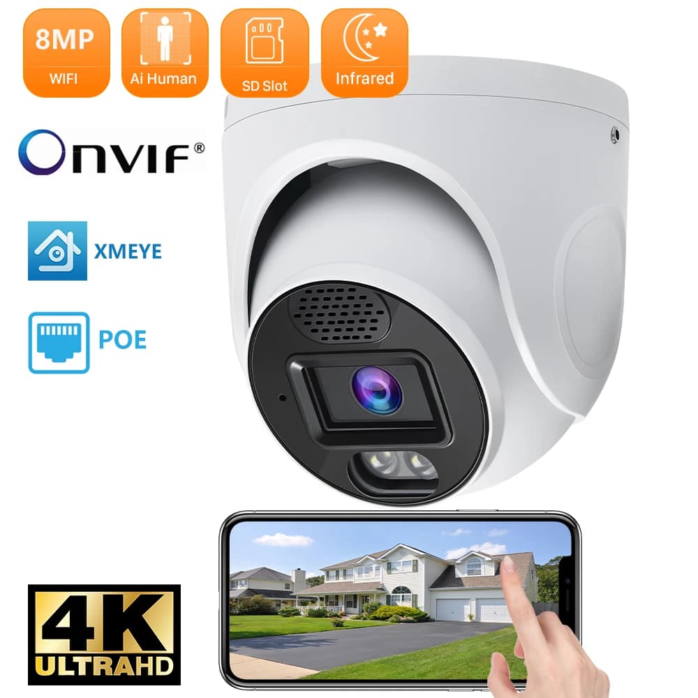 4K 8MP IP Surveillance Camera POE H.265 Onvif Wide Angle 2.8mm Outdoor Audio AI Humanoid detection Home CCTV Surveillance Camera