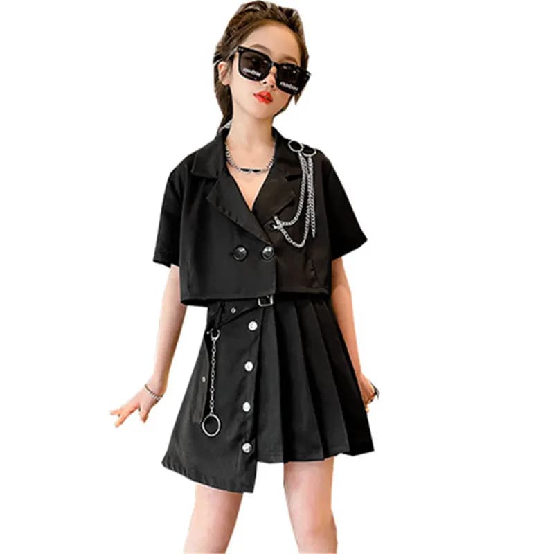 Young Girls Double-Breasted Chain Suits with Skirt Irregular Fashion Design 2PCS Summer Hip Hop Streetwear Cool Clothing Sets