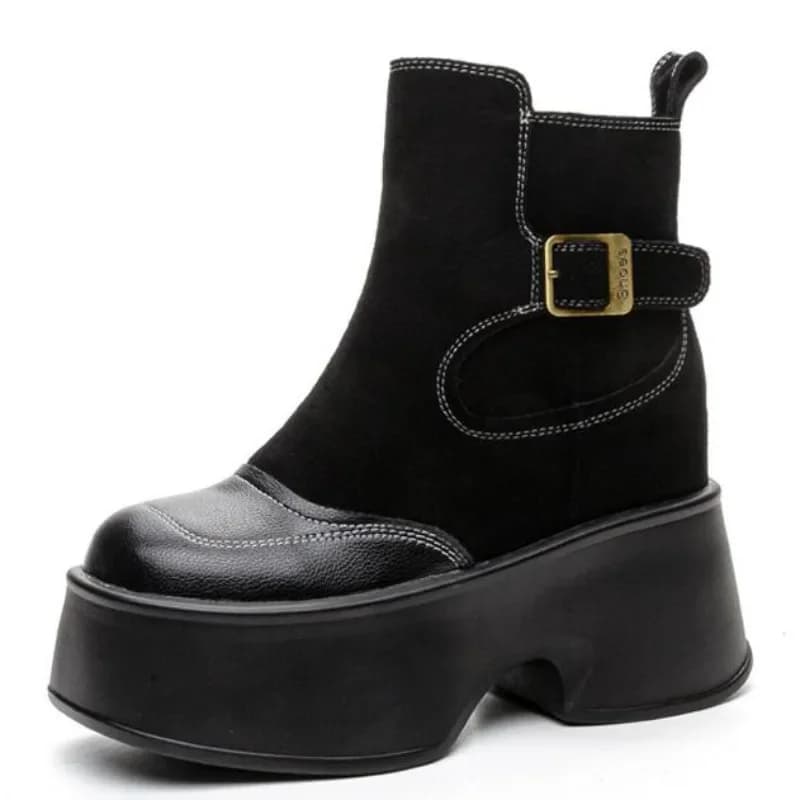 11CM Suede Cow Genuine Leather Spring Autumn British Motorcycle Fashion Leopard ZIP Ankle Boots Platform Wedge Flats Women Shoes