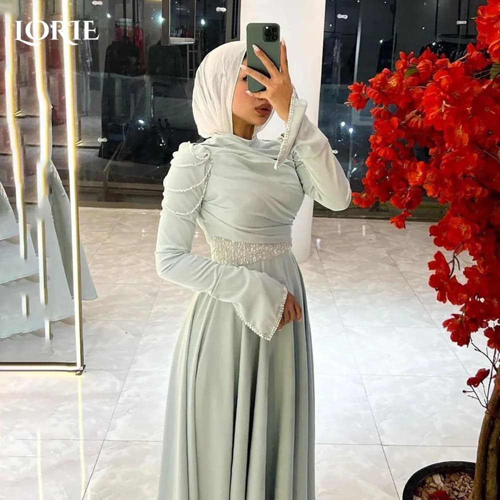 LORIE Modest Crepe Saudi Evening Dresses Elegant Flared Long Sleeves A-Line Pleats Arabia Prom Gown Party Dresses Customized