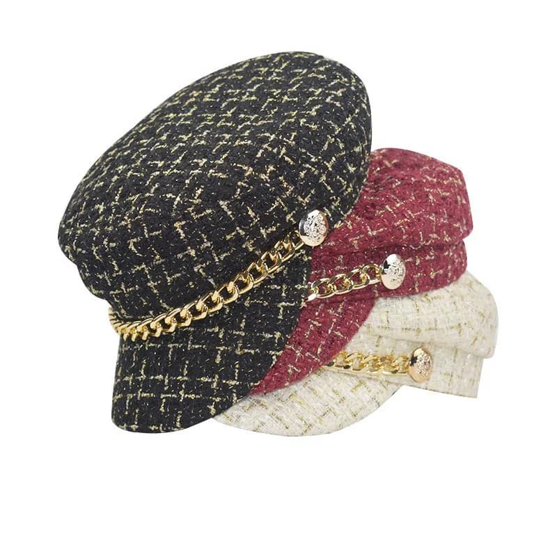 Women's Plaid Tweed Newsboy Hat with Chain Detail Baker Boy Cap Captain Sailor Peaked Beret Fashion Accessory for Girls