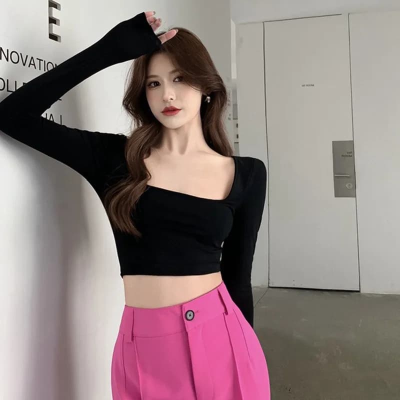 Backless Square Neck Solid Color Bottoms Women T-Shirts Long Sleeves Korean Style Tops
