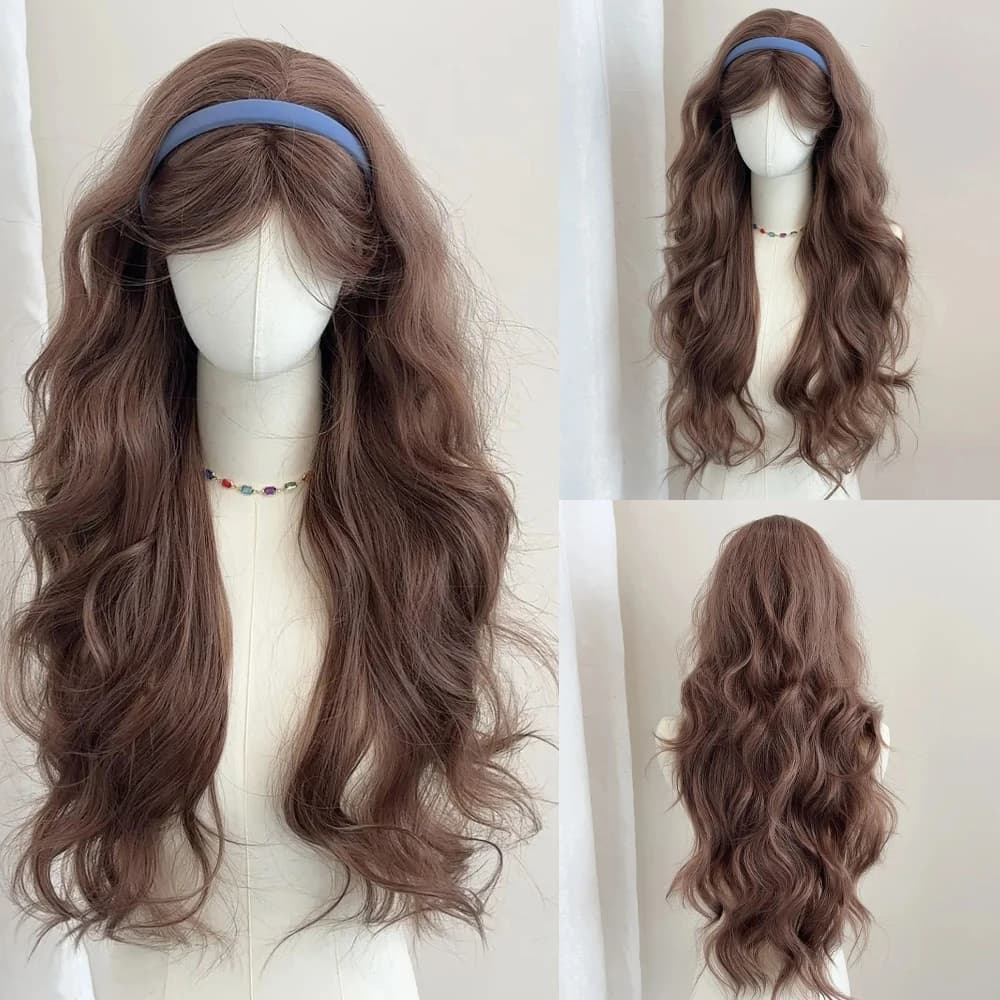 Flaxen Brown Long Wavy Synthetic Wig Middle Part Lolita Cosplay Fluffy Women Heat Resistant Wig for Daily Party