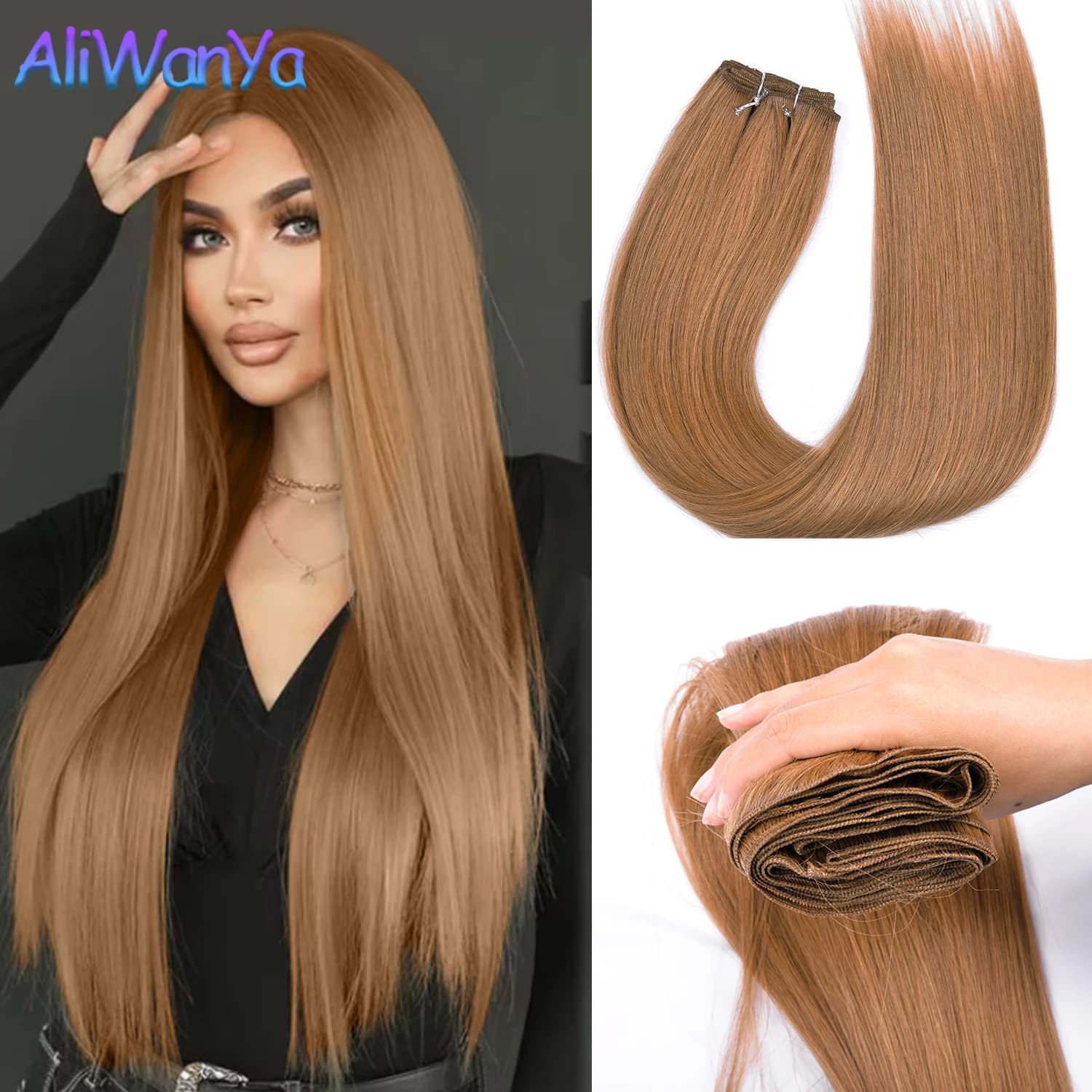 ALwanya Bundles Extensions 26 inch Yaki Straight Hair Bundles Brown Synthetic Hair Long Extensions Hair Synthetic Wefts