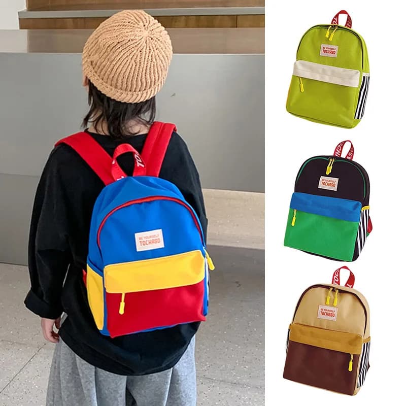 Kids Zipper Backpacks Korean Light Portable Kindergarten Schoolbag Patchwork Color Children Canvas Backpack for Girls Boys Bags
