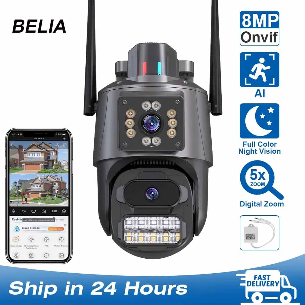 BELIA 4K 8MP WiFi Surveillance Camera, Dual Lens, 4X Digital Zoom, AI Human Detect, ONVIF, Outdoor Security PTZ IP Cameras