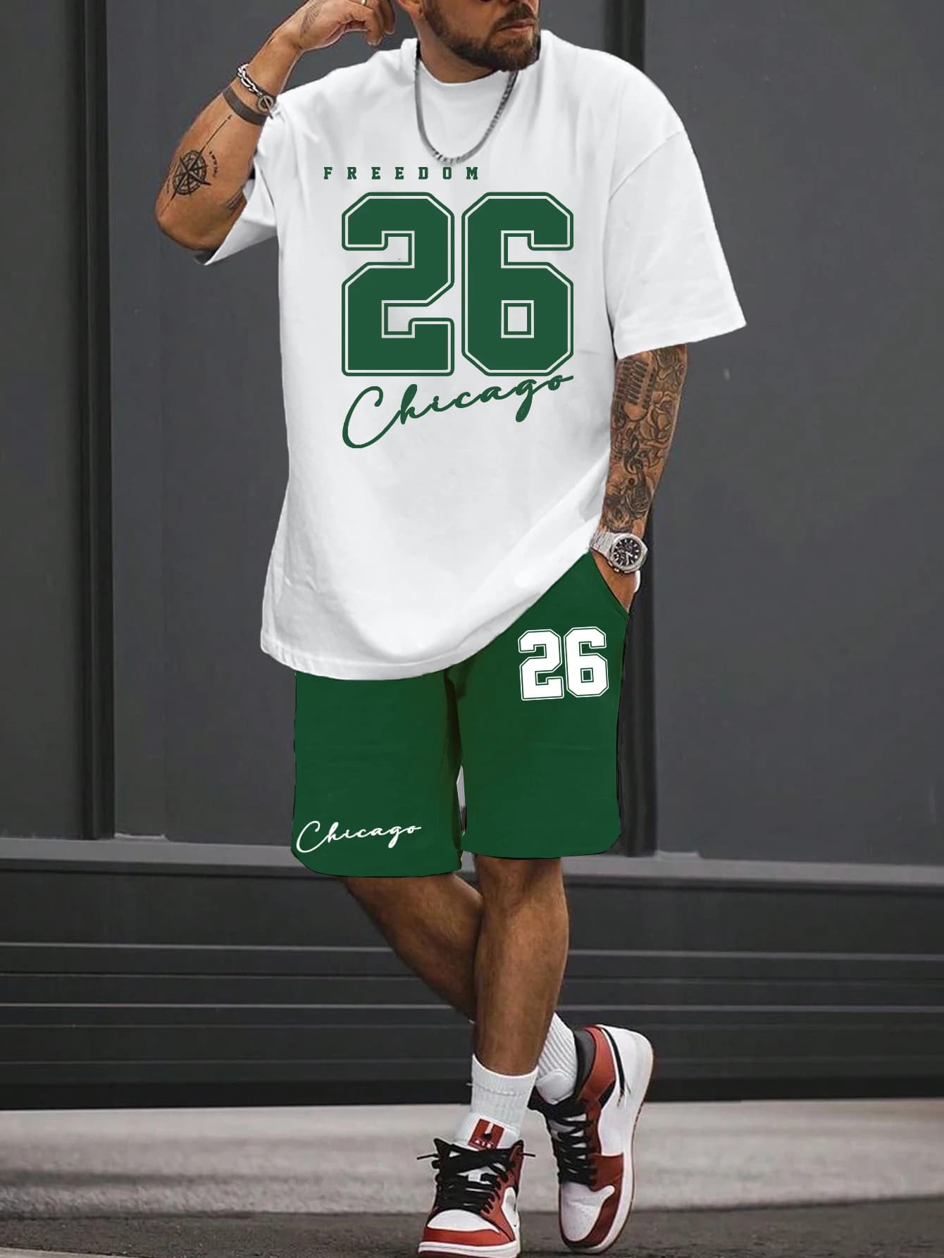 2025 summer new men's T-shirt shorts set sunglasses bear print short sleeved round neck T-shirt summer casual outdoor comfortabl