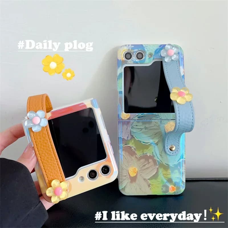 Blue Glossy Oil Painting Flower Phone Case for Samsung Galaxy Z Flip 6 5 4 3 Protective Back Cover for ZFlip4 ZFlip5 ZFlip6 Case