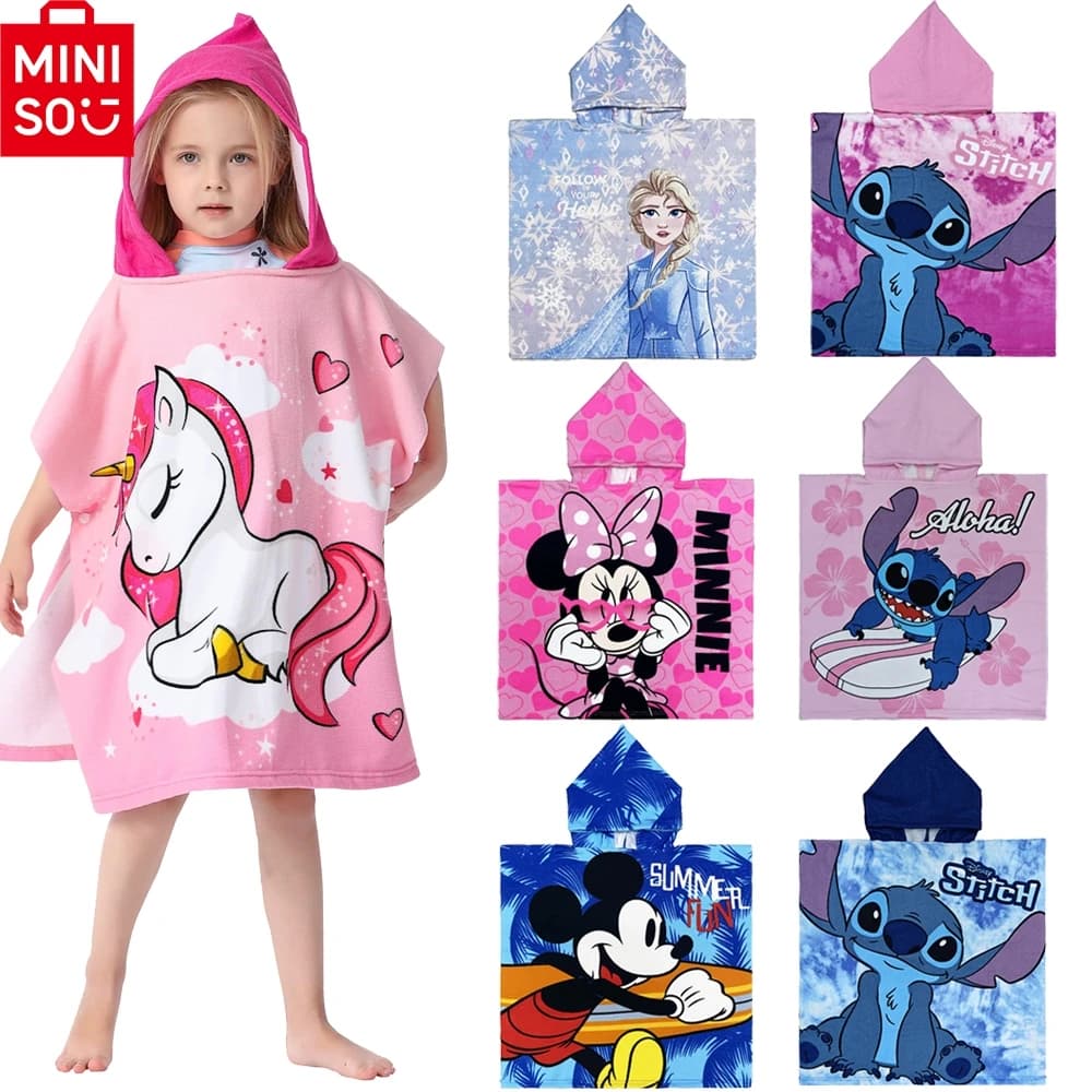 MINISO Disney Bath Robe for Kids Bathing Towels Boys Hooded Microfiber Unicorn Beach Towel Robes Girls Stitch Cape Towels Poncho