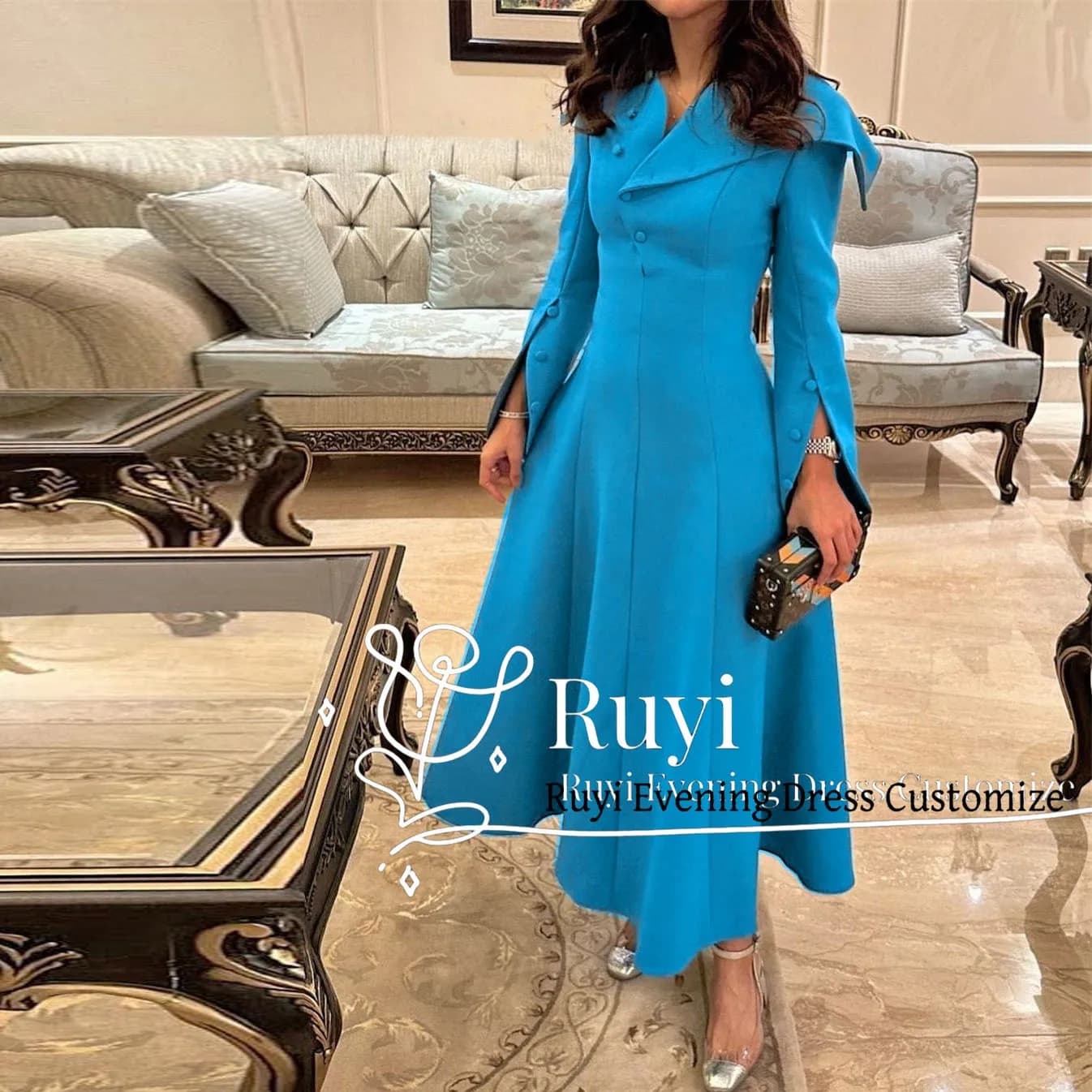 Customized Buttons Long Sleeves A-line Prom Dresses For Special Occasion Elegant Casual Lapel Formal Gown Evening Dress