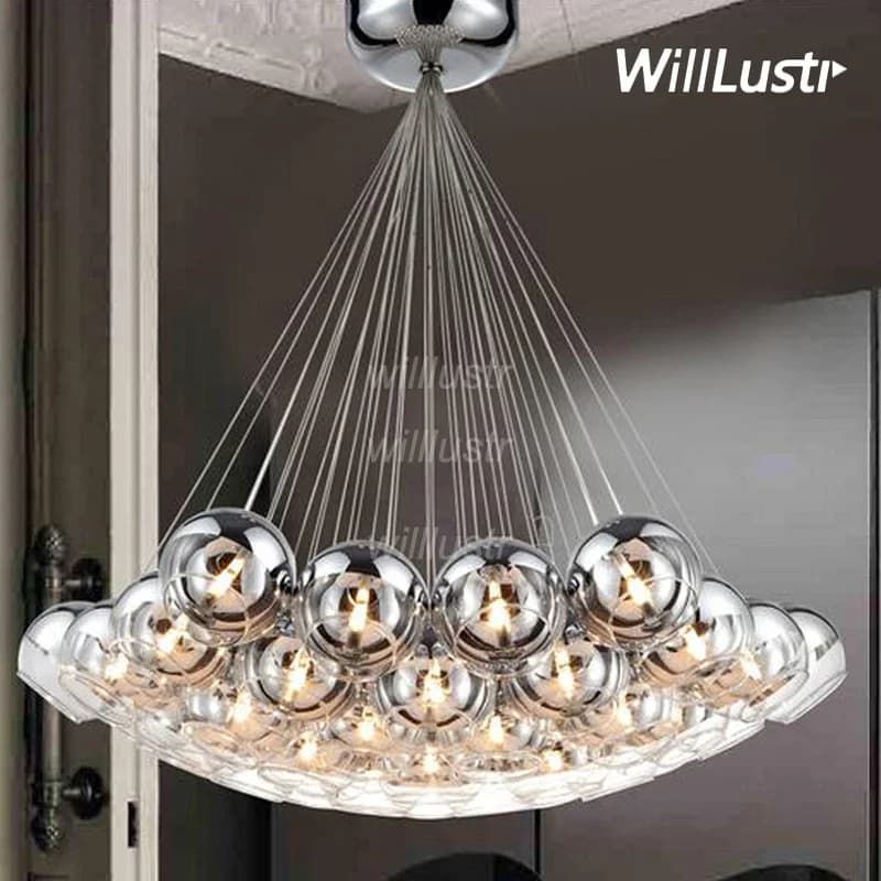 LED Crystal Glass Ball Pendant Lamp Loft Hotel Hall Semi Sliver Globe Cluster Ceiling Chandelier Suspension Hanging Light