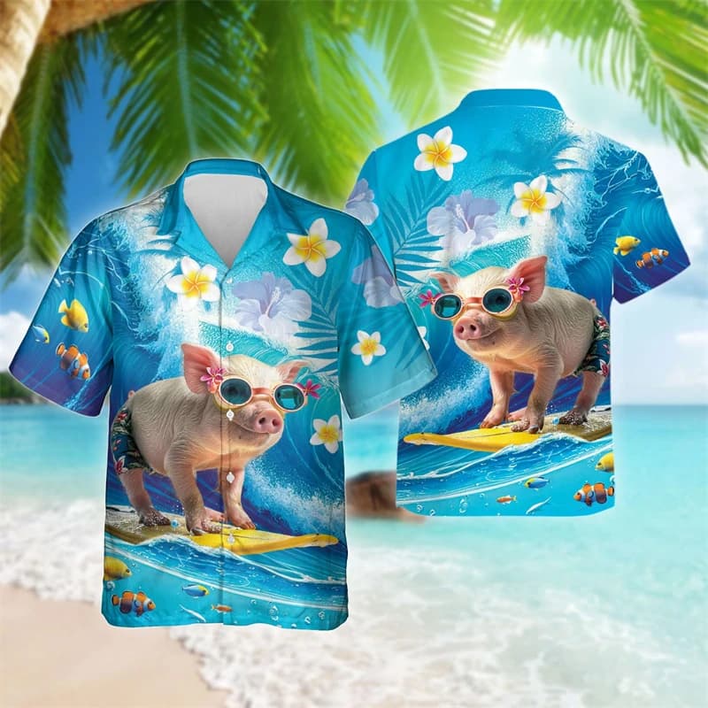 Funny Animal Pig 3D Printed Beach Shirt Cute Pet Graphic Shirts For Men Clothes Casual Hawaiian Surfing Short Sleeve Boy Blouses
