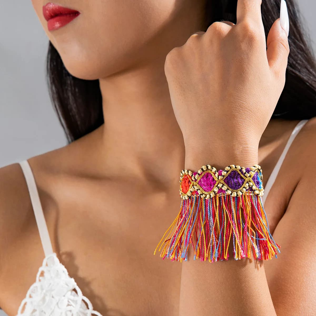 Bohemian Colored Tassel Bracelet, Retro Ethnic Style Fabric Line Jewelry For Women