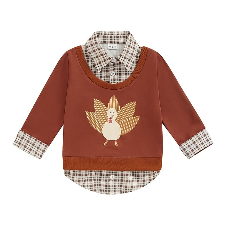 Toddler Boys Thanksgiving Sweatshirts Long Sleeve Lapel Collar Turkey Print Pullovers Kid Fall Tops