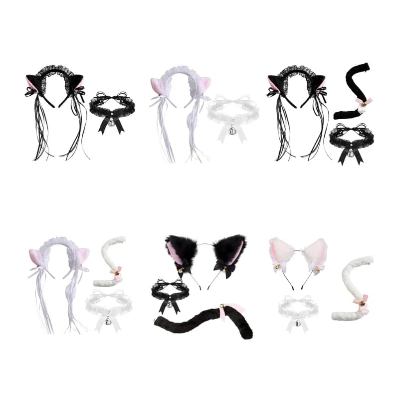 Maid Cats Ears Headband Tail Lace Choker Halloween Cosplay Prop Animal Costumes M6CD