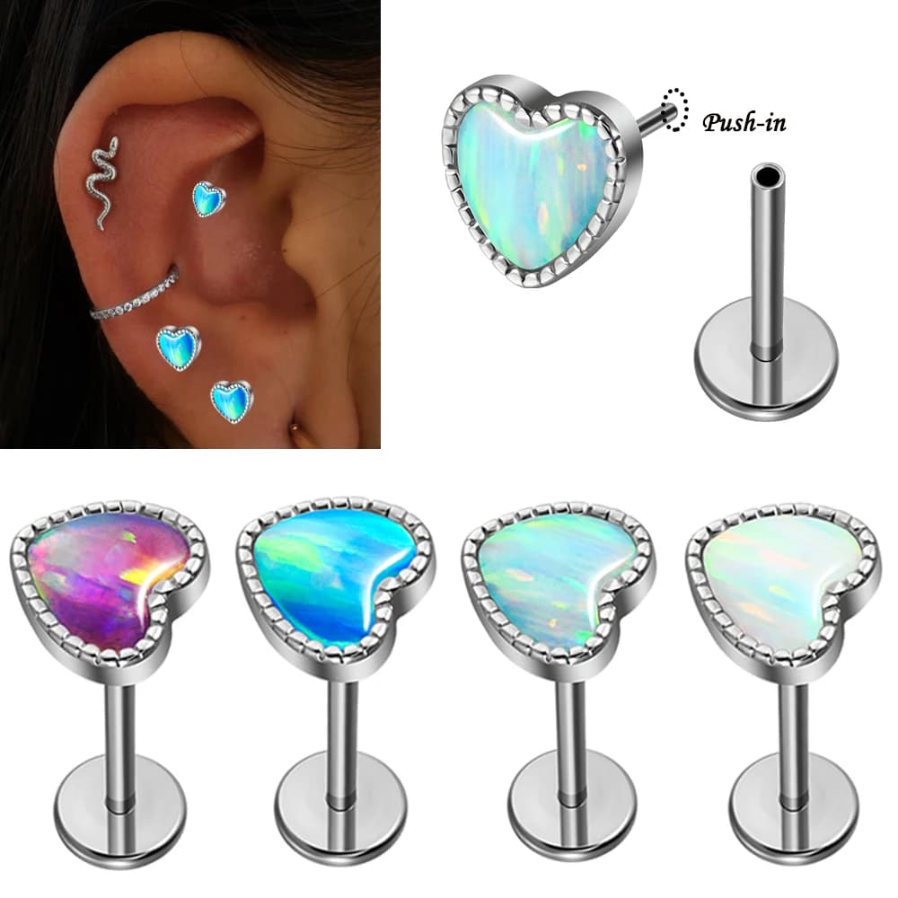 1PC Stainless Steel Opal Heart Labret Lip Stud Push In Helix Ear Cartilage Tragus Helix Earring Daith Piercing Jewelry 20&16G