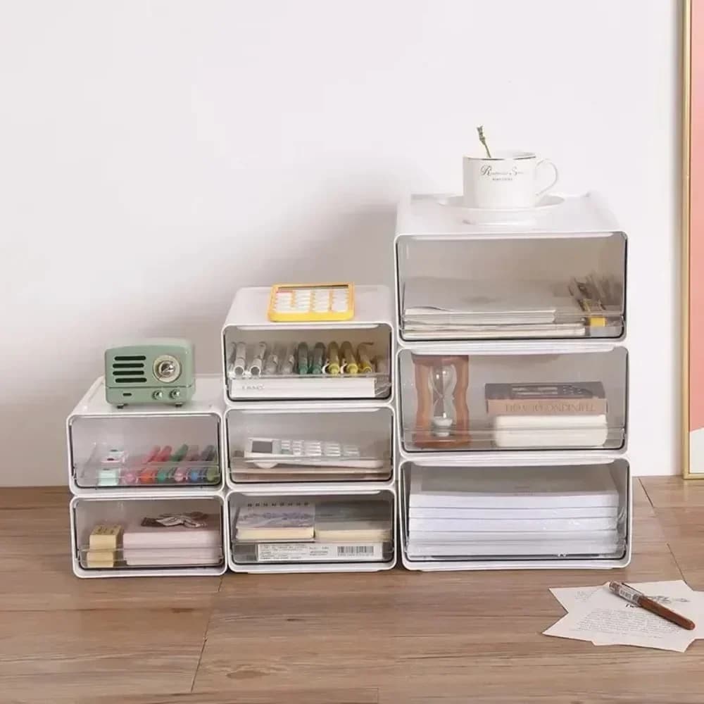 Desktop Storage Boxs Stackable Drawers Stationery Cabinet Desktop Cosmetic Organizer Transparent Office Document Sundries Holder