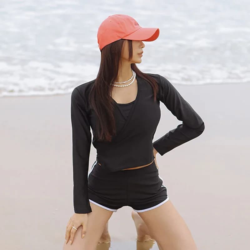 sport style women New Swimwear Three Piece solid Split Long Sleeve Sunscreen Flat Front Pants Swimsuit beach bathing suit 2024