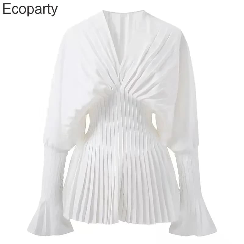Women Loose White V-Neck Pleated Shirts Elegant Casual Chiffon Shirt Ladies Lantern Full Sleeve Tops Blouses 2024