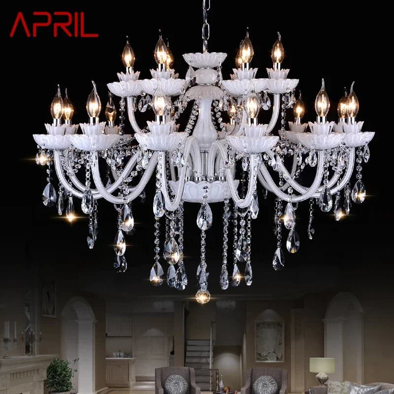 APRIL European Crystal Pendent Lamp White Candle Lamp Luxury Art Living Room Restaurant BedroomVilla Hotel KTV Chandelier