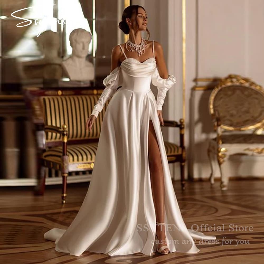 SSYTENS Vintage Sweetheart Sparkly Beads Spaghetti-Strap Satin Bridal Gown Long A-line High Slit Corset Back Civil Wedding Gowns