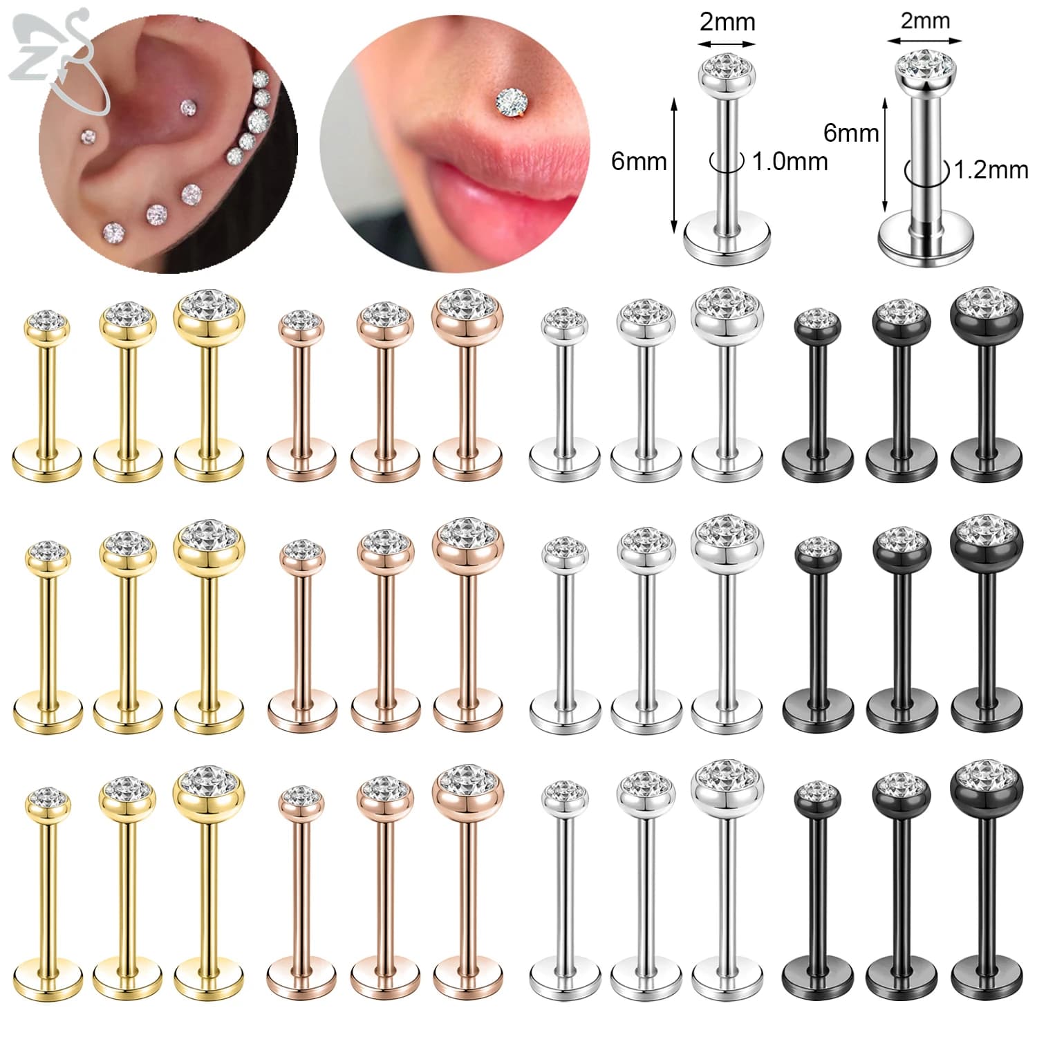 ZS 10 Pcs/lot Gold Color 16/18G Stainless Steel Labret Lip Piercing Men CZ Crystal Ear Cartilage Tragus Helix Piercings 6/8/10MM