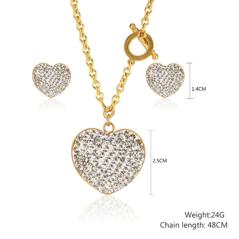 Cubic Zirconia Heart Necklace Set Stainless Steel Jewelry Heart LOVE Earrings For Women Fashion Jewellery Accessories