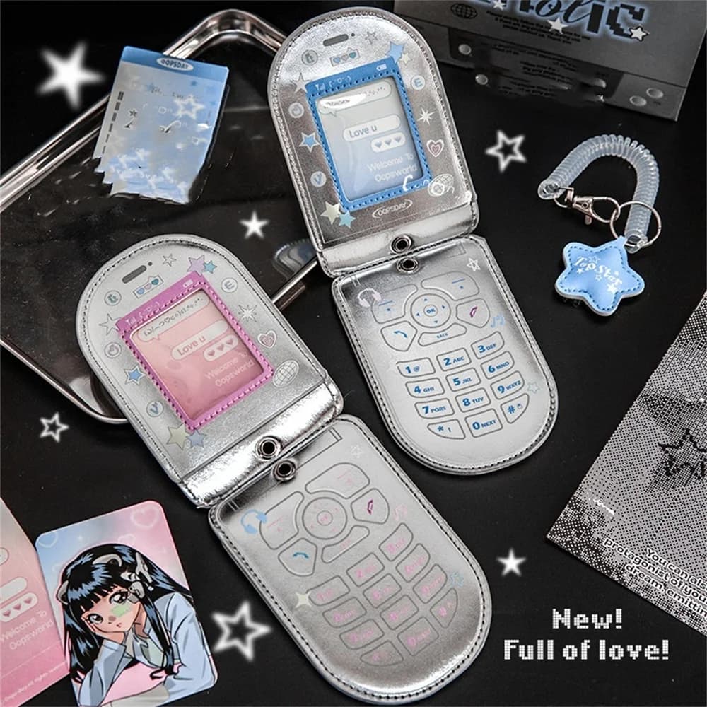 Kawaii Phone Shape 3 Inch Photocard Holder Card Holder Pu Leather Photo Card Case Key Chain Bag Pendant Kpop Packaging Supplies